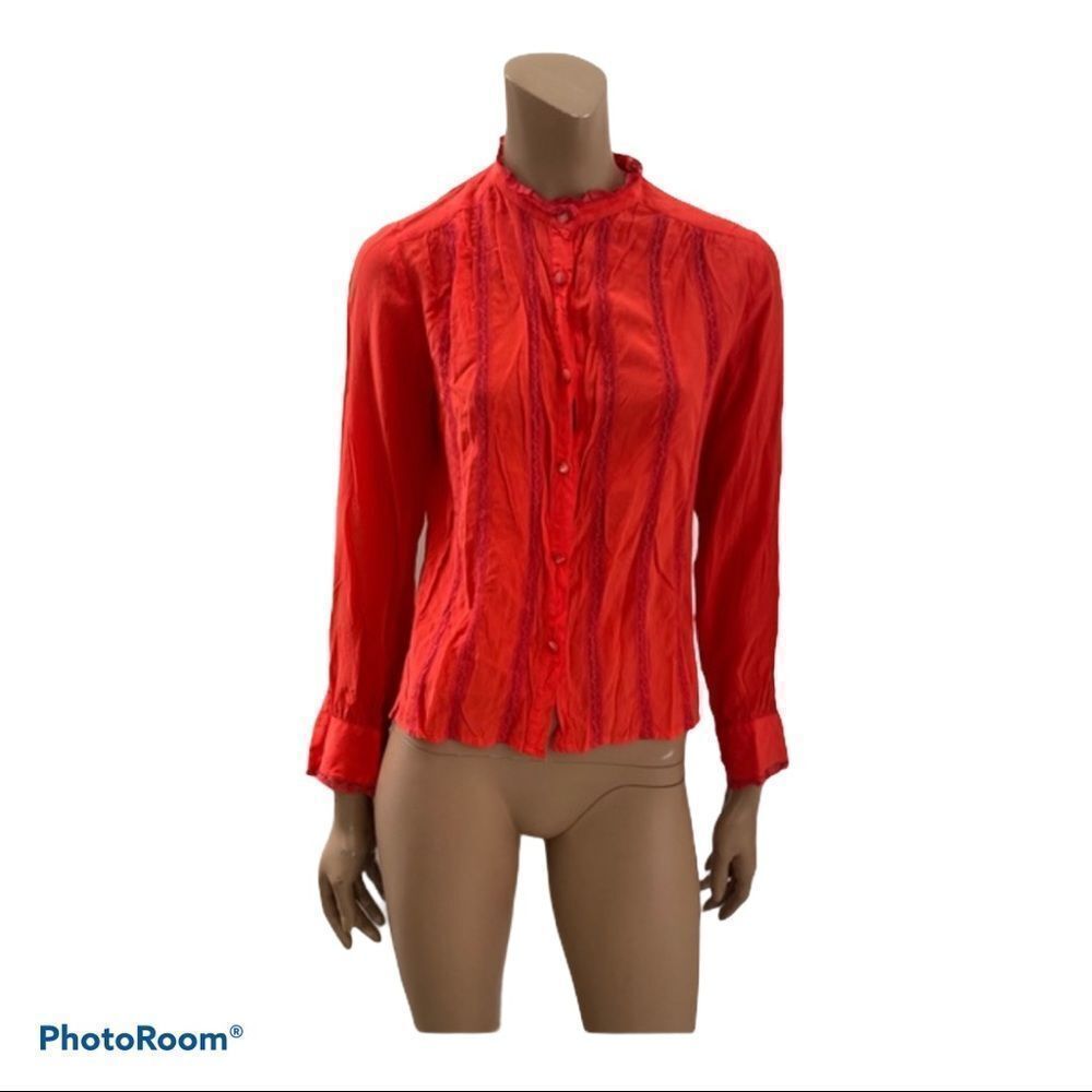 Celine Paris Vintage Red Button Down Silk Blouse S